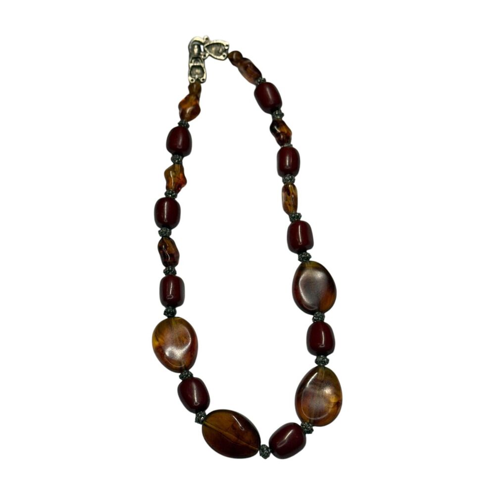 Vintage Beaded Necklace Faux Amber & Red Stones Chunky Boho Statement Jewelry - Picture 4 of 6